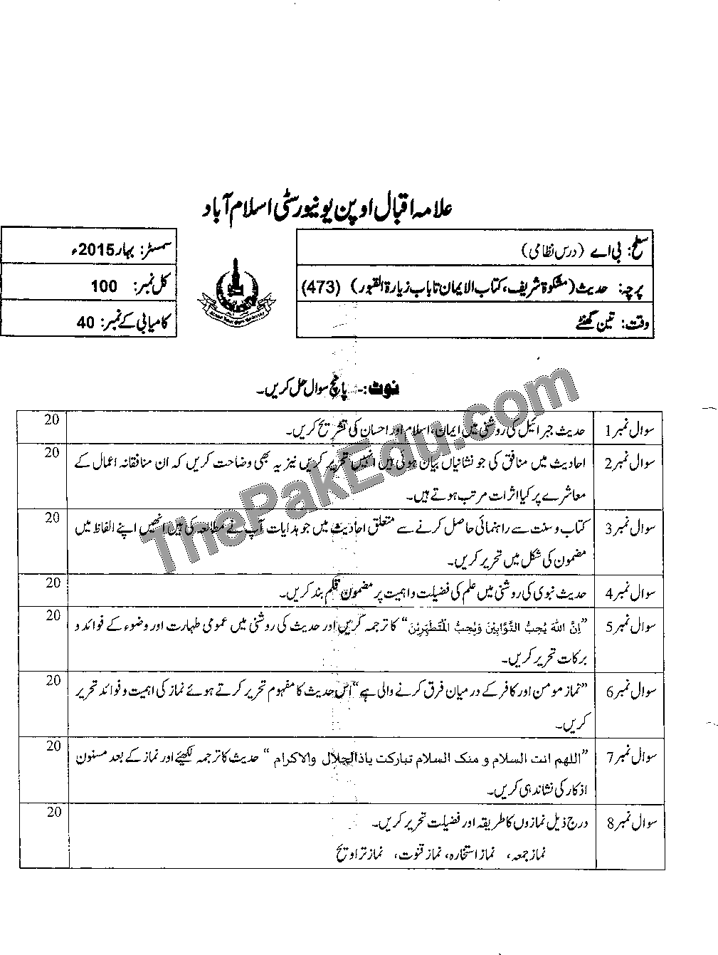 Hadith code no 473 Spring 2015, AIOU Old Papers